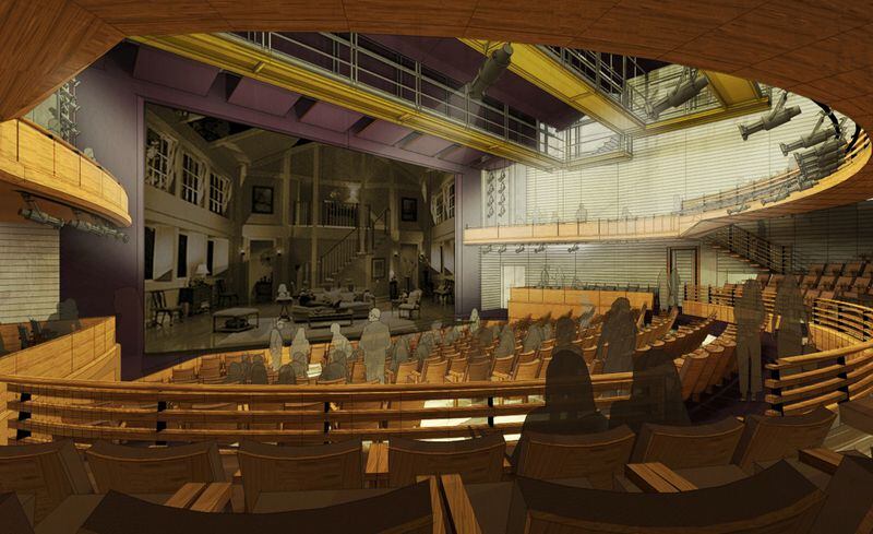 The 2017 renovation of the Alliance Theatre auditorium will include the use of natural wood finishes on many surfaces. Illustration: Woodruff Arts Center