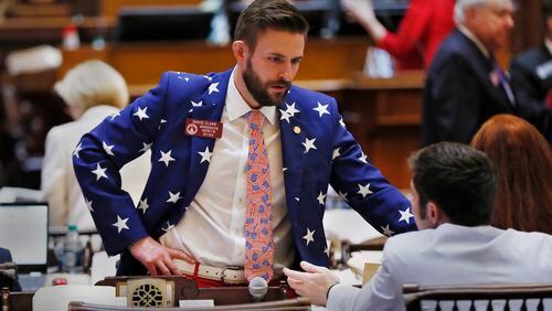 Rep. David Clark, R - Buford, has worn patriotic colors on all of his past Sine Die sessions.  Thursday was the 40th and final day of the 2018 General Assembly.    BOB ANDRES  /BANDRES@AJC.COM