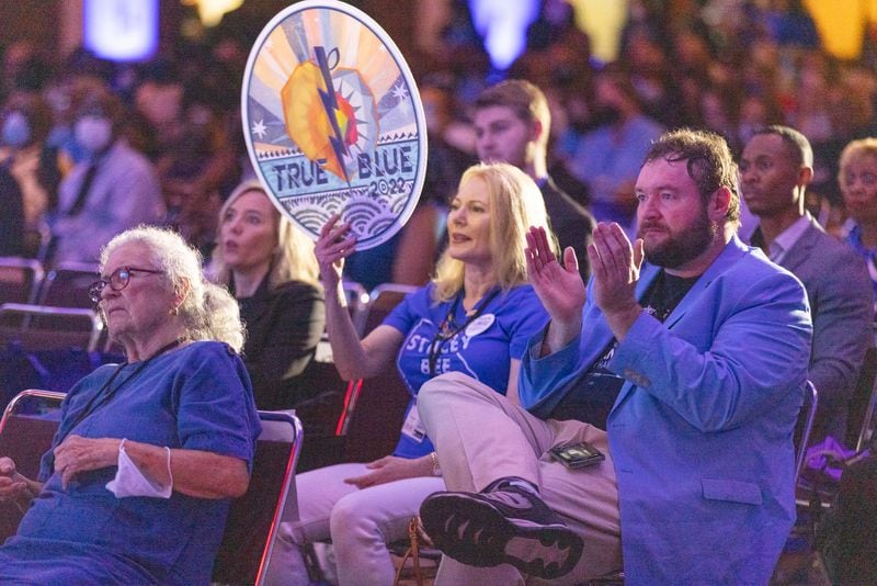 Participants cheer on speakers at the Democratic Party of Georgia’s state convention Saturday in Columbus, 2022. Steve Schaefer/steve.schaefer@ajc.com)