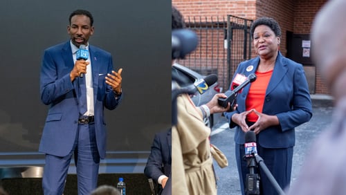 Atlanta mayoral runoff candidates Andre Dickens and Felicia Moore. (Hyosub Shin/AJC / Ben Gray/AP Photo)