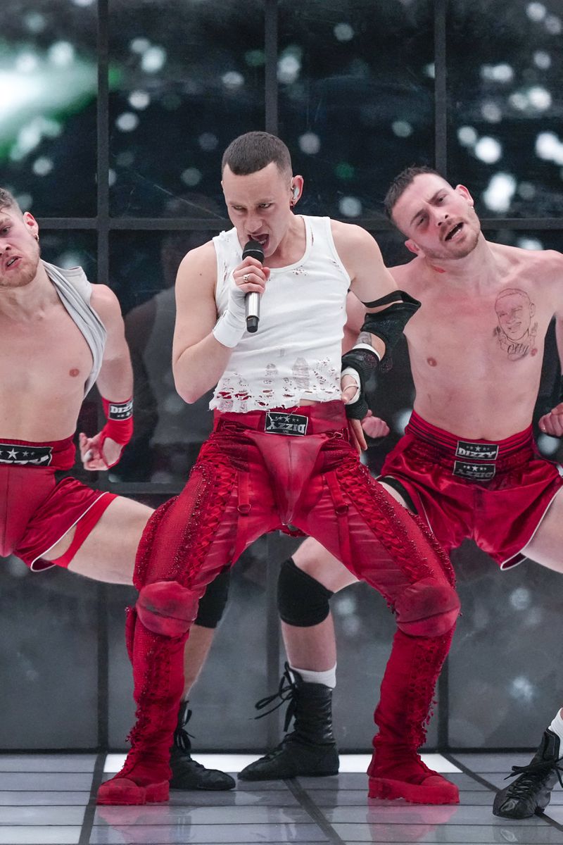 Olly Alexander of United Kingdom performs the song Dizzy during the first semi-final at the Eurovision Song Contest in Malmo, Sweden, Tuesday, May 7, 2024. (AP Photo/Martin Meissner)