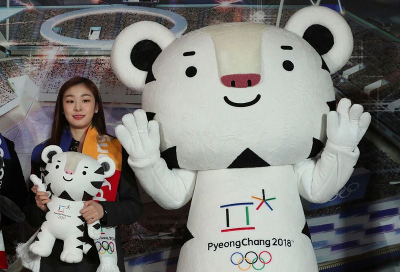 Soohorang, mascot fo the 2018 Winter Olympics with South Korean figure skater Yuna Kim, who won gold in 2010 and silver in 2014 .