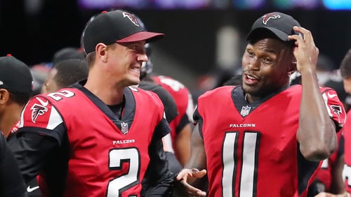 August 31, 2017 Atlanta: Falcons quarterback Matt Ryan and wide reciever Julio Jones, who both did not play in the game, share a laugh on the sidelines during the 4th quarter of their final preseason game against the Jaguars in a NFL football game on Thursday, August 31, 2017, in Atlanta.    Curtis Compton/ccompton@ajc.com
