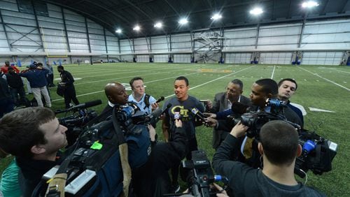 Georgia Tech quarterback Tevin Washington speaks to members of the media after performing during Georgia Tech Pro Day inside the John and Mary Brock Football Practice Facility at Georgia Tech on Thursday, March 13, 2013. Several Georgia Tech players performed drills and ran the 40 yard dash in front of NFL scouts and coaches.
