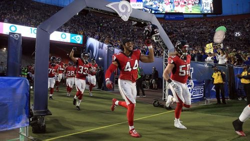 LOS ANGELES, CA - JANUARY 06:  The Atlanta Falcons runs onto the field prior to the NFC Wild Card Playoff Game against the Los Angeles Rams at the Los Angeles Coliseum on January 6, 2018 in Los Angeles, California.  (Photo by Sean M. Haffey/Getty Images)
