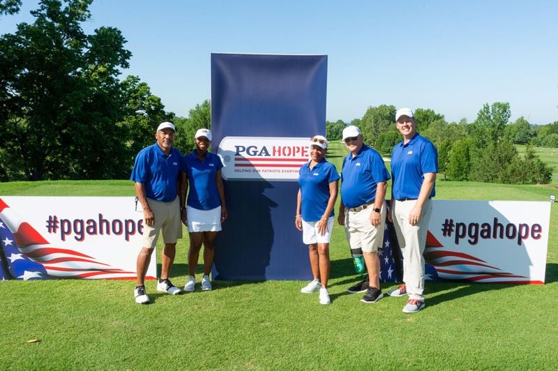 The Georgia team tied for fourth at the Secretary's Cup. From left, James “Butch” Vincent, United States Army; Funmilayo “Funmi” Aranmolate, United States Air Force; Karen Cooper, United States Army; Tom Gilmore, United States Army, 2021 Georgia PGA HOPE Ambassador and Purple Heart recipient (Vietnam War); PGA professional Jason Kuiper, the director of instruction at Bobby Jones Golf Course.