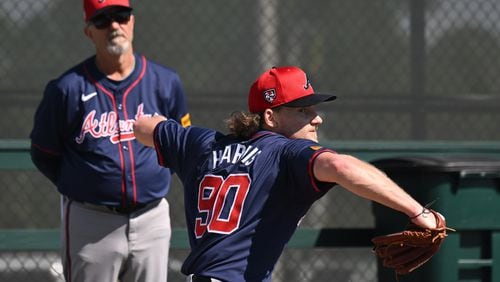 Braves pitcher Hayden Harris throws in the bullpen during spring training baseball workouts at CoolToday Park, Thursday, Feb., 15, 2024, in North Port, Florida. (Hyosub Shin / Hyosub.Shin@ajc.com)