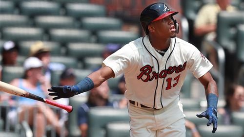 Atlanta Braves Ronald Acuna Jr. hits a leadoff solo homer against the Miami Marlins for a 1-0 lead during the first inning in a MLB baseball game on Monday, August 13, 2018, in Atlanta.  Curtis Compton/ccompton@ajc.com