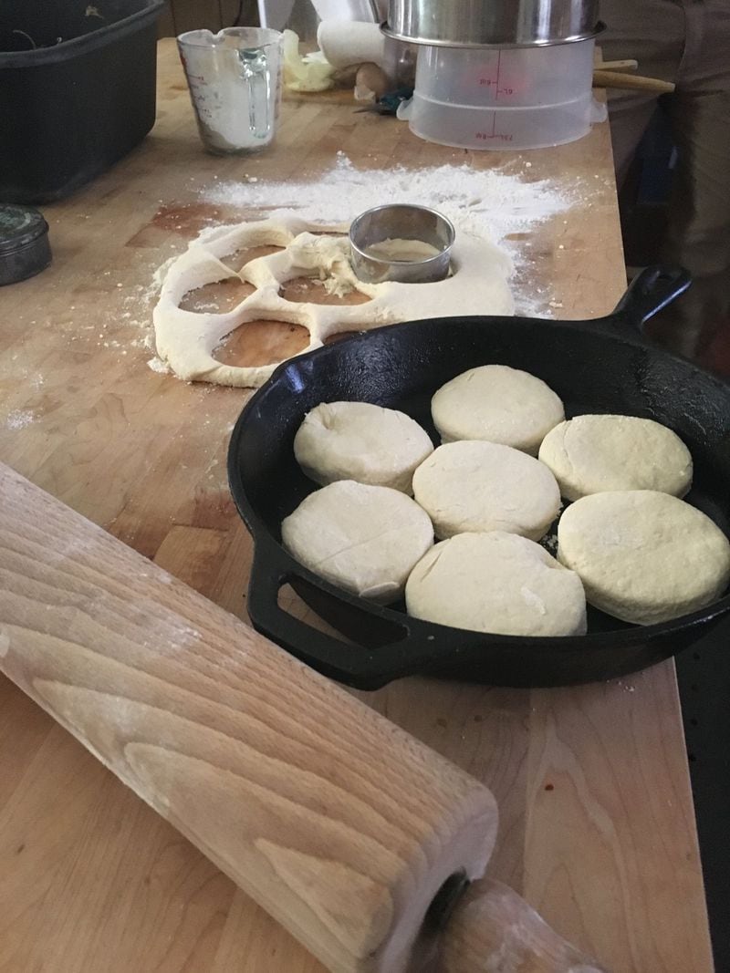 Though these fresh-made biscuits were baked in a cast-iron skillet at chef Matthew Raiford’s farm kitchen, Raiford still uses technology, such as turning to Google for a timer. CONTRIBUTED BY NINA MUKERJEE FURSTENAU