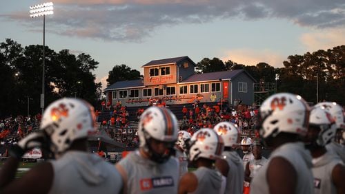 North Cobb football players warm up before their game against Buford at Emory Sewell Stadium at North Cobb high school Friday, August 20, 2021 in Kennesaw, Ga..