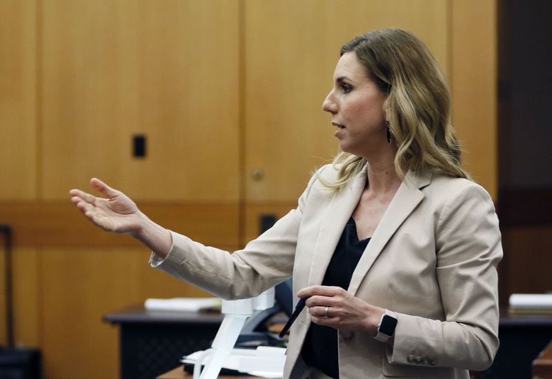 Defense attorney Amanda Clark Palmer on redirect examination of Stanley Smith Jr., a wills and estate attorney, during the Tex McIver murder trial at the Fulton County Courthouse on Thursday, April 12, 2018. (Bob Andres bandres@ajc.com)