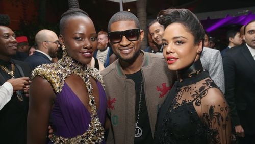 Lupita Nyong'o, Usher and Tessa Thompson at the Hollywood premiere of Marvel's "Black Panther." Photo: Jesse Grant/Getty Images for Disney