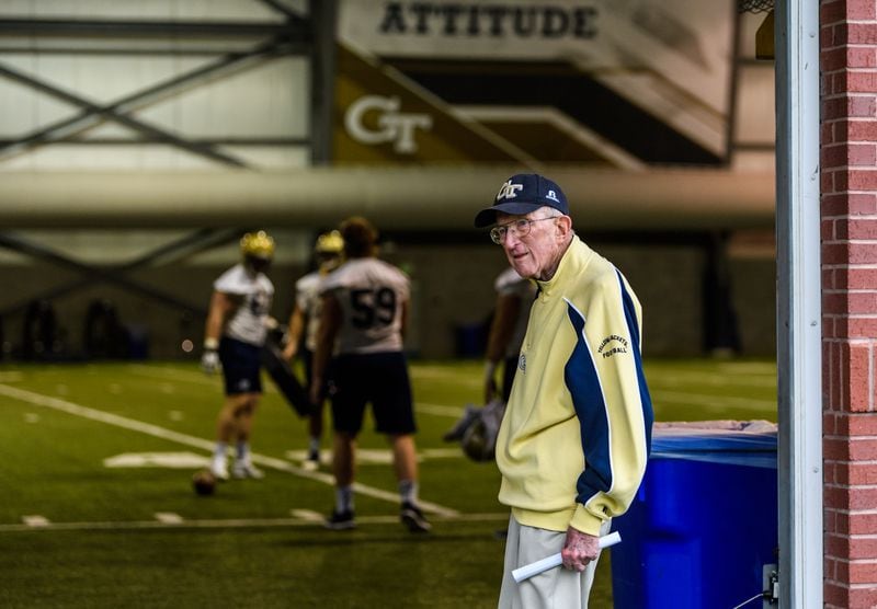 Georgia Tech team dentist Aaron King at a football practice in March 2018. King was a fixture at Yellow Jackets football and men's basketball games and practices. (Danny Karnik/Georgia Tech Athletics)