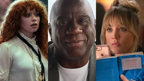 The second seasons of "Russian Doll" on Netflix (left) and "The Flight Attendant" on HBO Max (right) are coming out, as is an Apple TV+ documentary about Magic Johnson. PUBLICITY PHOTOS