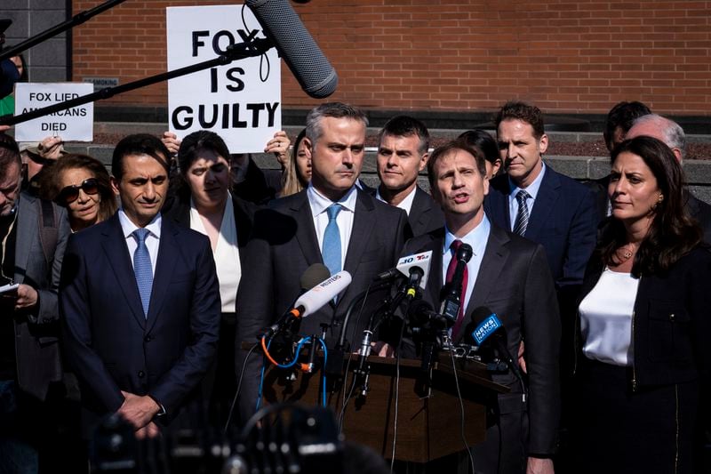 Justin Nelson, co-lead counsel for Dominion Voting Systems in its defamation lawsuits, speaks at a news conference with colleagues following a settlement in their defamation lawsuit against Fox News at the Delaware Superior Court in Wilmington, Del., April 18, 2023. (Pete Marovich/The New York Times)
                      