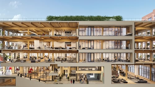 This is a rendering of a four-story office building under construction at Ponce City Market.