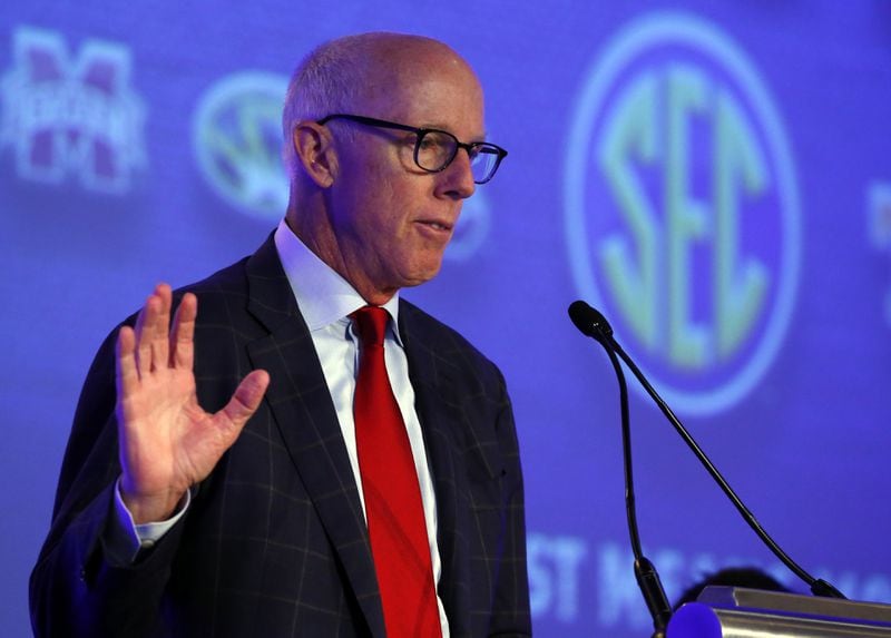  Rich McKay, CEO of the Atlanta Falcons, speaks during the Southeastern Conference's annual media gathering, Tuesday, July 11, 2017, in Hoover, Ala. (AP Photo/Butch Dill)