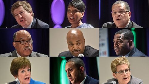 Atlanta has a crowded field of candidates hoping to be the city’s next mayor. L-R top, Peter Aman, Keisha Lance-Bottoms, John Eaves. Center, Vincent Fort, Kwanza Hall, Ceasar Mitchell. Bottom, Mary Norwood, Michael Sterling, Cathy Woolard.