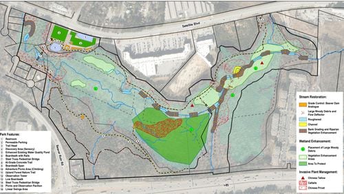 A vision plan for the Beaver Ruin Wetlands Park, which will be located near Satellite Boulevard and Beaver Ruin Road. (Courtesy of Gwinnett County)