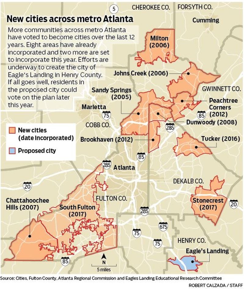Map showing newly-created cities throughout metro Atlanta as well as the proposed city of Eagle’s Landing. ROBERT CALZADA/STAFF