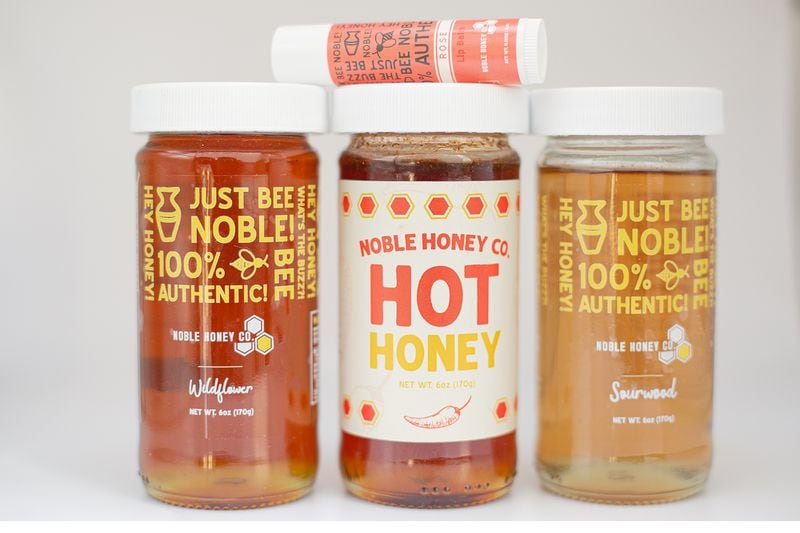 Noble Honey Co. sells different varieties of honey and produces honeybee-related products, such as beeswax-based lip balm and hot honey. Courtesy of Noble Honey Co.