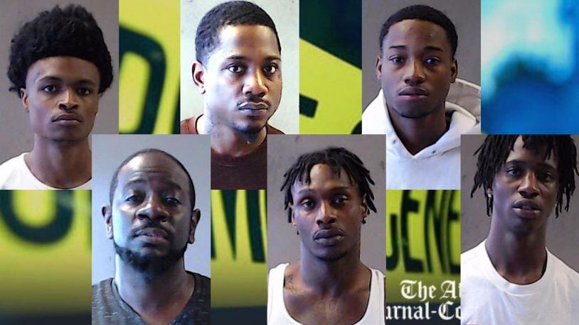 From left to right: De’Vonti King, 19, Thavian Ford, 46, Bryan Jones, 26, Deavin Baker, 31, Darreun Dodson, 20, and Jamal Braud, 25 were arrested on charges of murder and violation of the street gang terrorism and prevention act, police said.