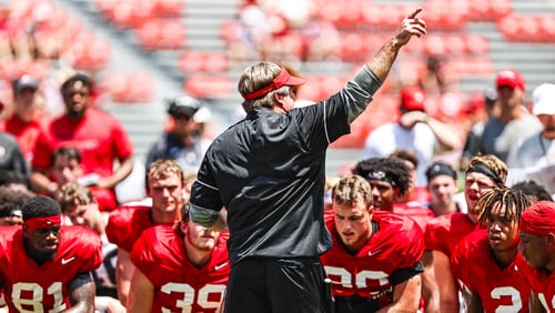 Georgia coach Kirby Smart during the Bulldogs' practice session at Sanford Stadium in Athens, Ga., on Saturday, Aug. 14, 2021. (Photo by Tony Walsh)