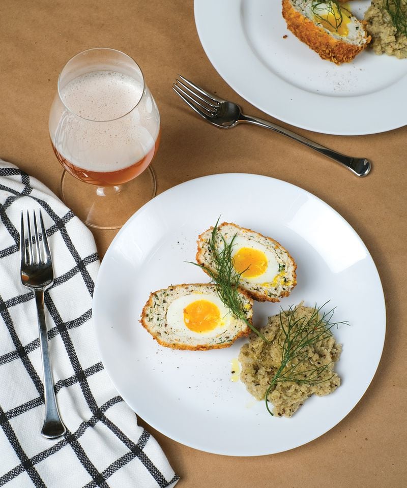 Dorito-crusted Scotch Eggs with Cumin-Fennel Marmalade and Pickled Fennel Fronds. This recipe from New Realm Brewing in Atlanta is in “The Craft Brewery Cookbook: Recipes To Pair With Your Favorite Beers” (Princeton Architectural Press, $29.95). (Courtesy of Jon Page)