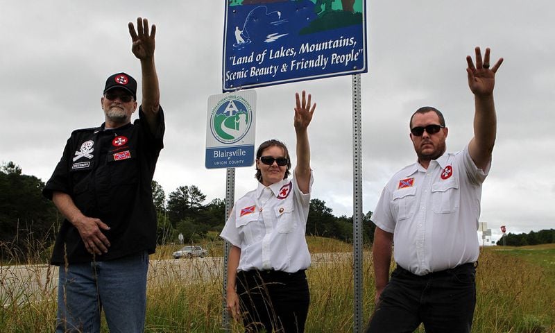 Members of the International Keystone Knights of the Ku Klux Klan on Ga. 515 in north Georgia where they want to pick up trash. State officials turned them down because they don't want to erect signs noting the Klan "adopted" that portion. AP Photo