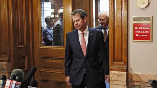 Gov. Brian Kemp at a press conference in the state Capitol earlier this week. Bob Andres, bandres@ajc.com