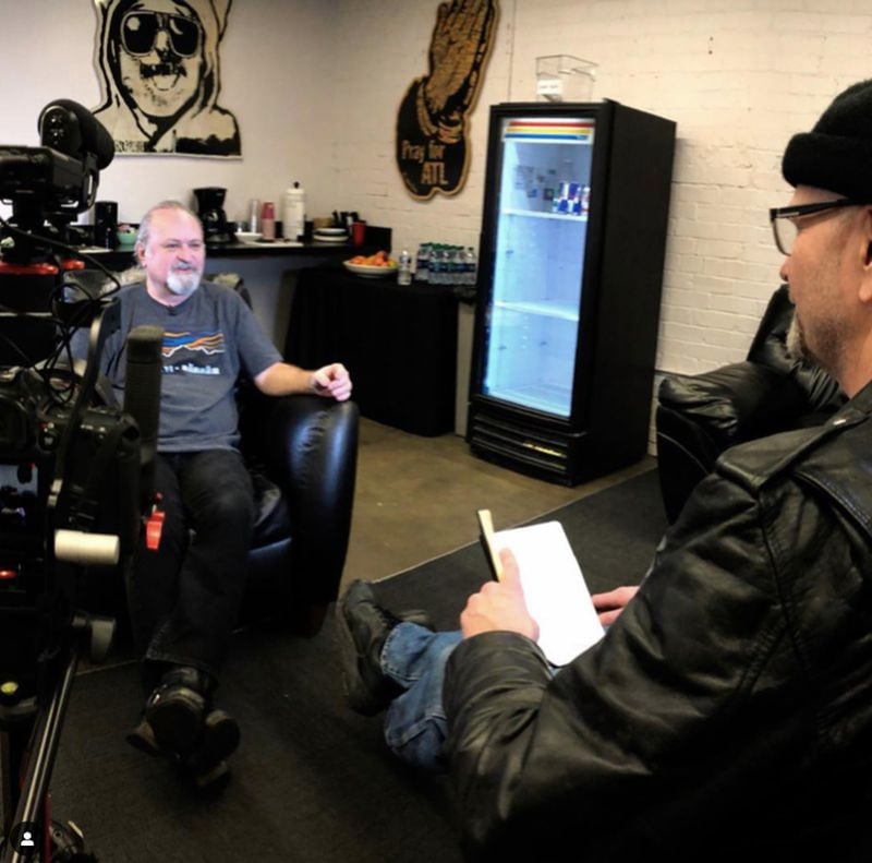 Blues/rock guitarist Tinsley Ellis (left) is interviewed by Scott Freeman backstage at the Variety Playhouse. (Photo by Felipe Barral)