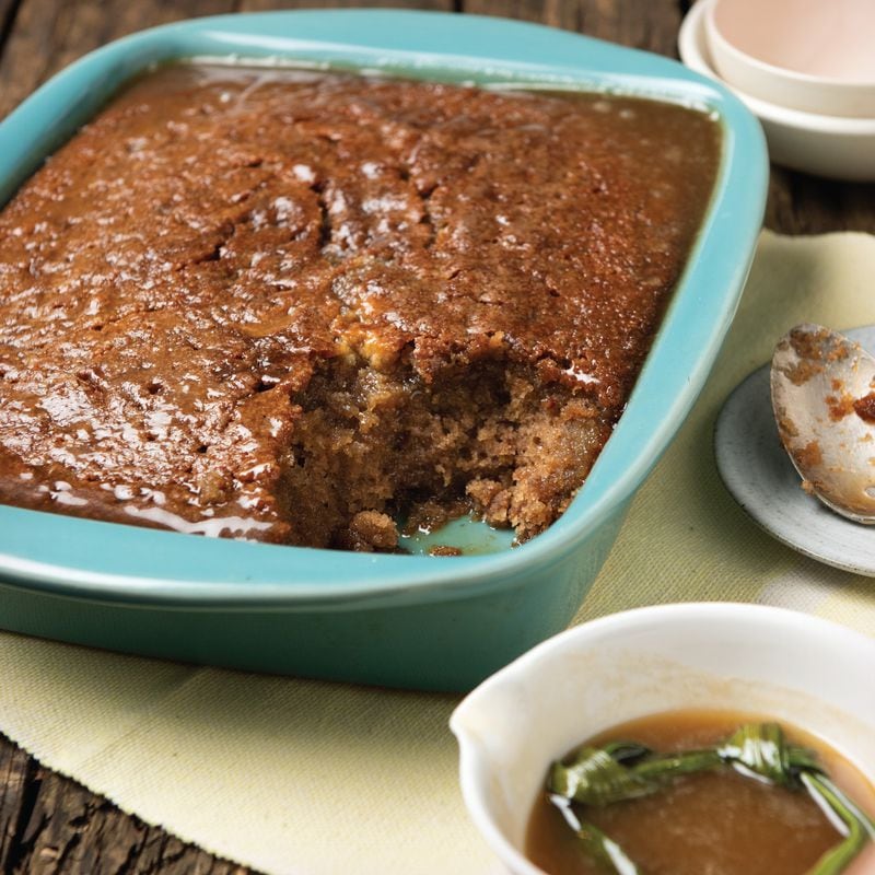 Pandan toffee sauce with date toffee pudding cake is from Asha Gomez's new book "I Cook in Color." Courtesy of Evan Sung