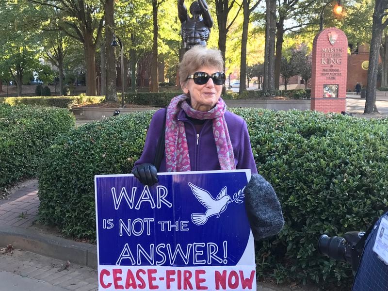 Ann Mauney of Atlanta Grandmothers for Peace attends a press conference to support calls for a ceasefire in Israel's war against Hamas. (Shelia Poole/spoole@ajc.com)