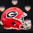 The football helmet of Georgia is shown before the head coaches joint press conference at the Le Meridien Dania Beach Hotel, Friday, Dec., 29, 2023, in Fort Lauderdale, Florida. (Jason Getz / Jason.Getz@ajc.com)