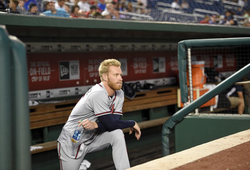 Braves starting pitcher Mike Foltynewicz watches from the dugout during a delay before the game against the Washington Nationals, Thursday, July 6, 2017, in Washington. (AP Photo/Nick Wass)