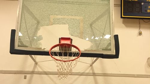 Hawks’ Kris Humphries broke a backboard during a practice at Santa Monica High School Saturday.
