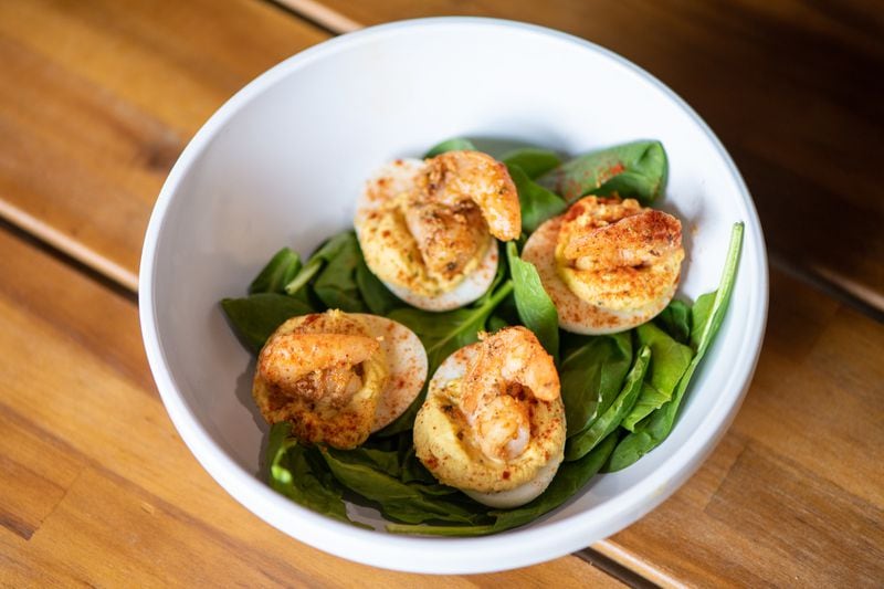 Hippin Hops Brewery's Cajun Shrimp Deviled Eggs stuffed with Hippin Hops' Hippin mix seasoned to perfection. (Mia Yakel for The Atlanta Journal-Constitution)