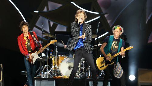 AUCKLAND, NEW ZEALAND - NOVEMBER 22: Ronnie Wood (L) Mick Jagger (C) and Keith Richards (R) on stage as The Rolling Stones perform live at Mt Smart Stadium on November 22, 2014 in Auckland, New Zealand. (Photo by Fiona Goodall/Getty Images) The Rolling Stones in New Zealand last fall. Photo: Getty Images.