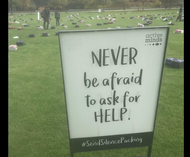 A sign posted on Georgia Tech’s campus on Thursday, Nov. 7, 2019, as part of a display to encourage students to seek counseling for anxiety, depression or stress. 