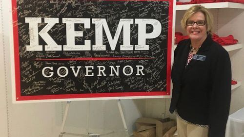 A screenshot from Brian Kemp's campaign of state Sen. Renee Unterman at his headquarters.
