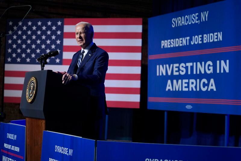 President Joe Biden delivers remarks on the CHIPS and Science Act at the Milton J. Rubenstein Museum, Thursday, April 25, 2024, in Syracuse, N.Y. (AP Photo/Evan Vucci)