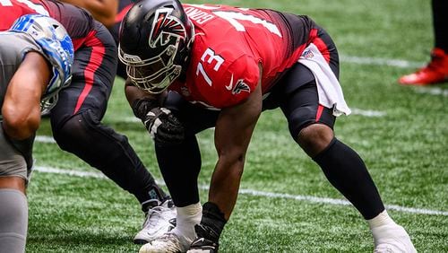 Atlanta Falcons offensive tackle Matt Gono (73) lines up during the second half of an NFL football game against the Detroit Lions, Sunday, Oct. 25, 2020, in Atlanta. The Detroit Lions won 23-22. (AP Photo/Danny Karnik)