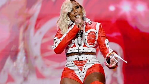 ATLANTA, GEORGIA - MAY 12: Mary J Blige performs onstage during the Strength of a Woman's MJB “Celebrating Hip Hop 50” Concert in Partnership with Mary J. Blige, Pepsi, and Live Nation Urban at State Farm Arena on May 12, 2023 in Atlanta, Georgia. (Photo by Derek White/Getty Images for Strength Of A Woman Festival & Summit)