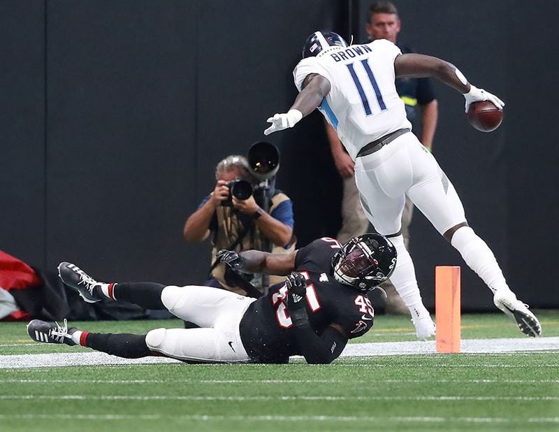 Titans wide receiver A.J. Brown gets past Falcons linebacker Deion Jones for a touchdown Sunday, Sept. 29, 2019, at Mercedes-Benz Stadium in Atlanta. The Titans won the game 24-10.