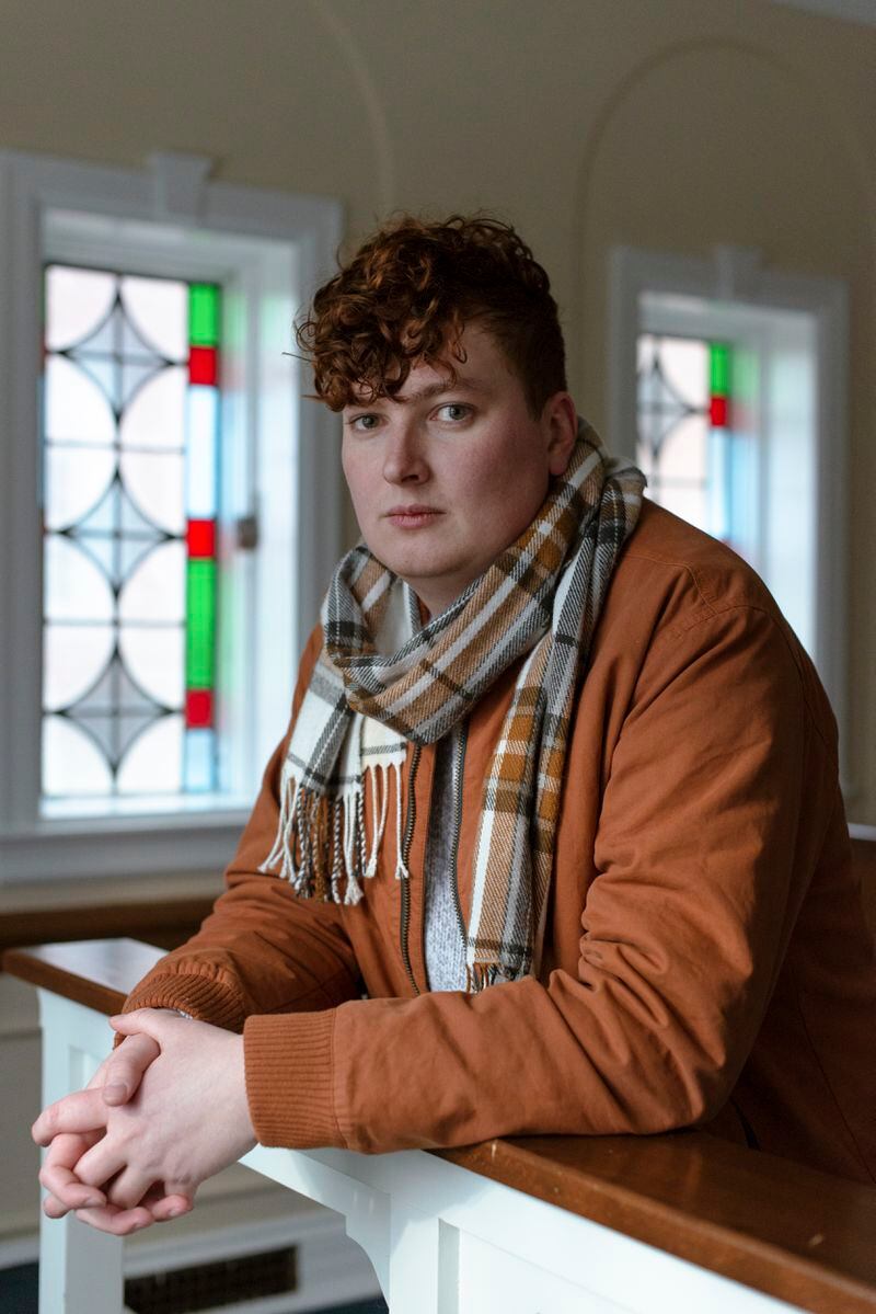 Elijah Drake, a seminary student at Asbury Theological Seminary, in a chapel on the campus of Asbury University in Wilmore, Ky., on Feb. 17, 2023. Drake reconciled at the revival with a student he had once clashed with over politics. (Jesse Barber/The New York Times)