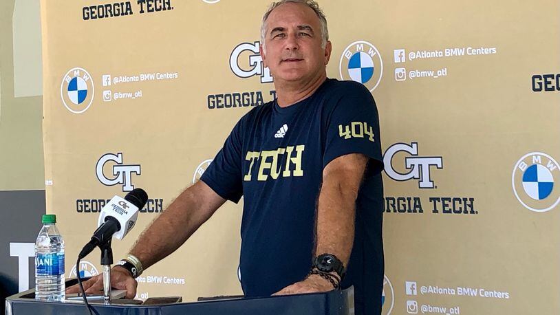 Georgia Tech offensive coordinator Dave Patenaude addresses media at Bobby Dodd Stadium after a preseason practice on August 24, 2021. (AJC photo by Ken Sugiura)