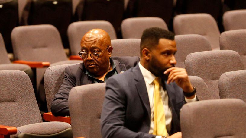 SCCPSS School Board President Roger Moss sits with board representative Paul Smith during a forum seeking input for the next superintendent on March 22, 2023 at Beach High School. (Photo Courtesy of Richard Burkhart/Savannah Morning News)