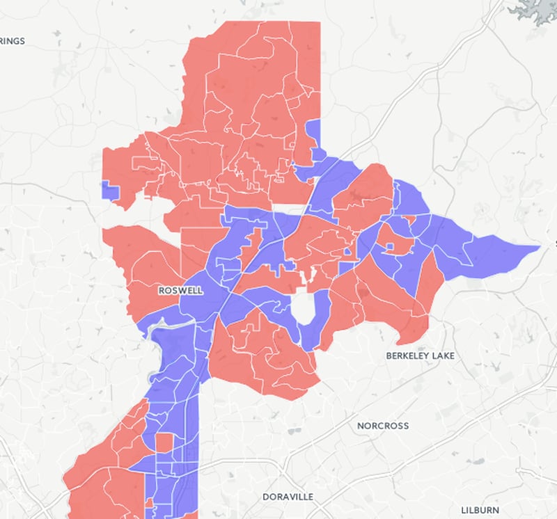 A map showing how each north Fulton County precinct voted in Tuesday's presidential election.