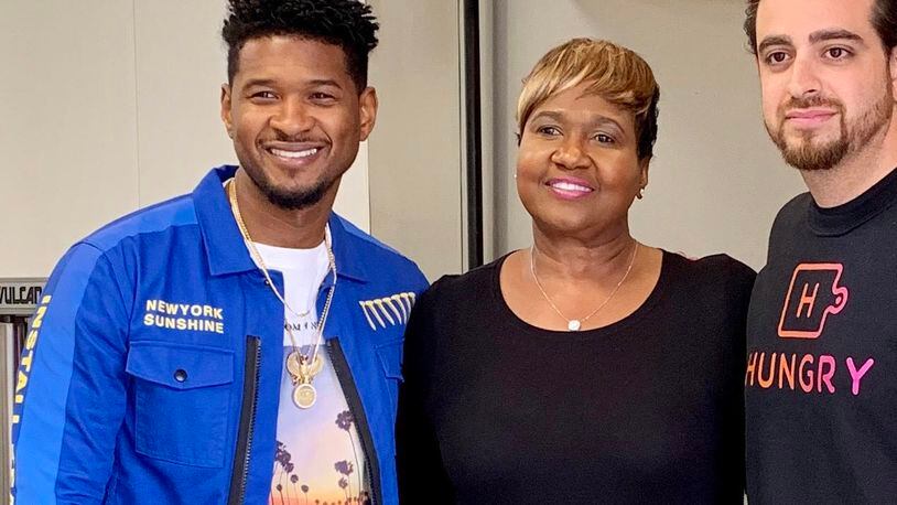R&B star Usher (left) with his mother, Jonnetta Patton, and Hungry cofounder Eman Pahlevani