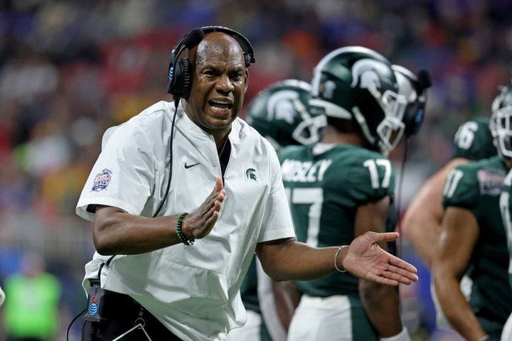 Michigan State Spartans head coach Mel Tucker reacts to a call during the fourth quarter of their game against the Pittsburgh Panthers in the Chick-fil-A Peach Bowl at Mercedes-Benz Stadium in Atlanta, Thursday, December 30, 2021. JASON GETZ FOR THE ATLANTA JOURNAL-CONSTITUTION